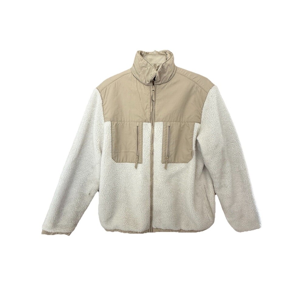 H&M Women's Beige Cream Sherpa Fleece Zip Jacket Regular Fit Size XL